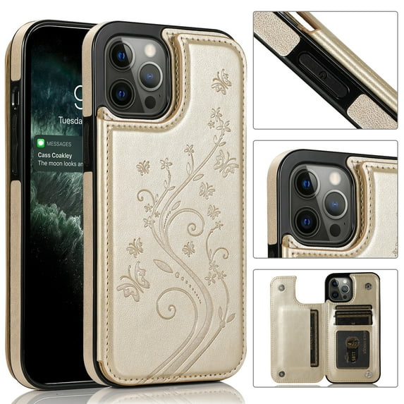Dteck Case For iPhone 14 Pro Max,Shockproof Rubber Hybrid Pattern Leather Card Holder Wallet Back Flip Case Kickstand Cover for iPhone 14 Pro Max 6.7-inch,Gold