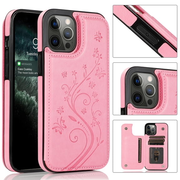 Dteck Case For iPhone 14 Pro Max,Shockproof Rubber Hybrid Pattern Leather Card Holder Wallet Back Flip Case Kickstand Cover for iPhone 14 Pro Max 6.7-inch,Pink