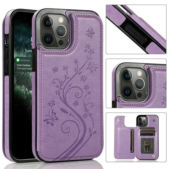 Dteck Case For iPhone 14 Pro Max,Shockproof Rubber Hybrid Pattern Leather Card Holder Wallet Back Flip Case Kickstand Cover for iPhone 14 Pro Max 6.7-inch,Purple