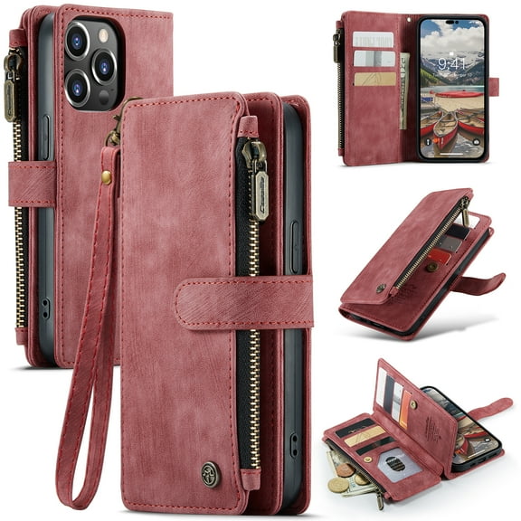 Dteck Case for iPhone 14 Pro Wallet Case for Women Men, Fashion Durable PU Leather Magnetic Flip Lanyard Strap Wristlet Zipper Card Holder Wallet Phone Case for iPhone 14 Pro 6.1-inch,Red