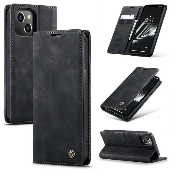 Dteck Case for iPhone 14,Vintage PU Leather Wallet Case TPU Bumper Card Slots Kickstand Magnetic Shockproof Flip Folio Cover for iPhone 14 6.1-inch,Black