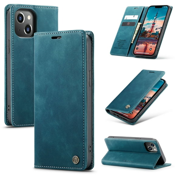 Dteck Case for iPhone 14,Vintage PU Leather Wallet Case TPU Bumper Card Slots Kickstand Magnetic Shockproof Flip Folio Cover for iPhone 14 6.1-inch,Blue