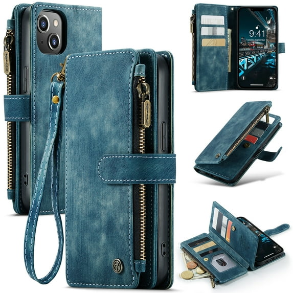 Dteck Case for iPhone 14 Wallet Case for Women Men, Fashion Durable PU Leather Magnetic Flip Lanyard Strap Wristlet Zipper Card Holder Wallet Phone Case for iPhone 14 6.1-inch,,Blue