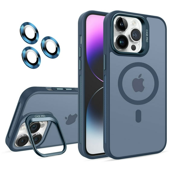 Dteck Case for iPhone 15,Magnetic Mag-Safe Matte PC Case with Camera Lens Protector Shockproof Rubber Metal Camera Protection Kickstand Cover,Darkblue