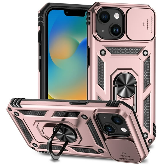 Dteck Case for iPhone 15 Plus with Camera Cover, iPhone 15 Plus Case with Magnetic Ring Holder Stand Slide Lens Protection Protective Cover Rugged Case for iPhone 15 Plus,Rosegold