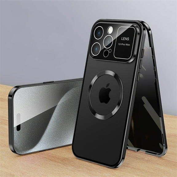 Dteck Case for iPhone 15 Plus,Luxury Metal Case Built-in Anti Peep Tempered Glass Privacy Screen Protector Full Body Protective Compatible Mag Safe Cover,Black