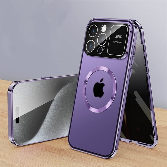 Dteck Case for iPhone 15 Plus,Luxury Metal Case Built-in Anti Peep Tempered Glass Privacy Screen Protector Full Body Protective Compatible Mag Safe Cover,Purple