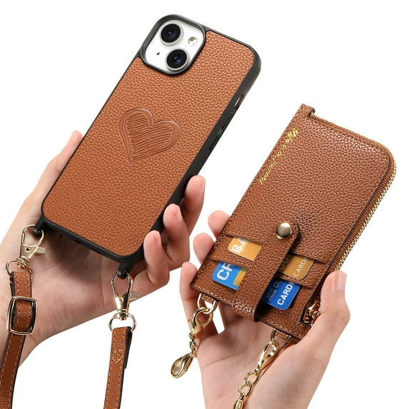Dteck Case for iPhone 15 Plus,Shockproof Leather Back Case with Adjustable Shoulder Strap Detachable Wallet Zipper Wallet Bag Crossbody Phone Cover,Brown