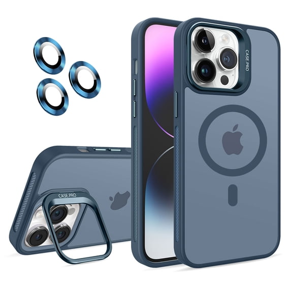 Dteck Case for iPhone 15 Pro,Magnetic Mag-Safe Matte PC Case with Camera Lens Protector Shockproof Rubber Metal Camera Protection Kickstand Cover,Darkblue