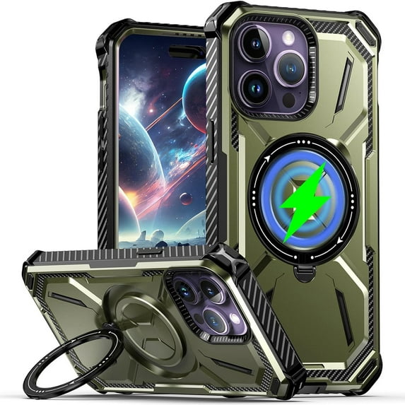 Dteck Case for iPhone 15 Pro Max,Magnetic Rubber Compatible with Mag-Safe Case Shockproof Invisible Kickstand Dual Layer Protective Armor Cover,Armygreen