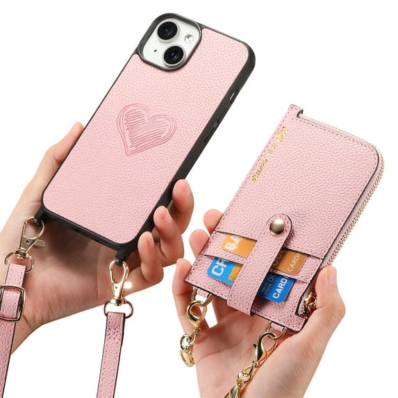 Dteck Case for iPhone 15 Pro,Shockproof Leather Back Case with Adjustable Shoulder Strap Detachable Wallet Zipper Wallet Bag Crossbody Phone Cover,Pink