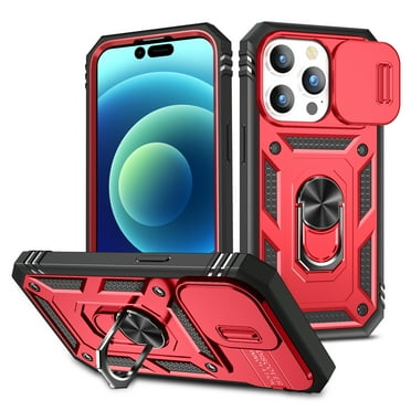 Dteck Case for iPhone 15 Pro with Slide Lens Cover, Shockproof Finger Ring Holder Stand, Military Grade Drop Protection fit Magnetic Car Mount for iPhone 15 Pro,Red/Black