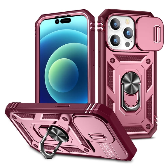 Dteck Case for iPhone 16 Plus with Slide Lens Cover, Shockproof Finger Ring Holder Stand, Military Grade Drop Protection fit Magnetic Car Mount for iPhone 16 Plus,Pink+Red