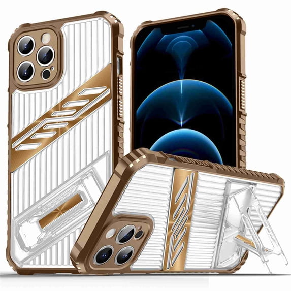 Dteck Case for iPhone 16 Pro Max with Built-in Invisible Bracket, Shockproof Anti-Fall Hybrid Non-Slip PC + TPU Dual Layer Protective Cover, Desertgold