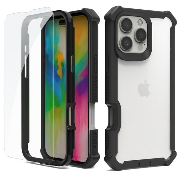 Dteck Case for iPhone 16 Pro Max Case with Glass Screen Protector, Full Body Protective Hybrid Dual Layer Shockproof Acrylic Back Rugged Protective Case Cover, Black