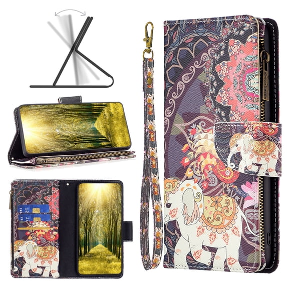 Dteck Case for iPhone 16 Pro Max, Magnetic Pattern Premium PU Leather 9 Card Slots Zipper Wallet Case Shockproof Kickstand Hybrid Rubber Flip Cover with Wrist Strap,Elephant