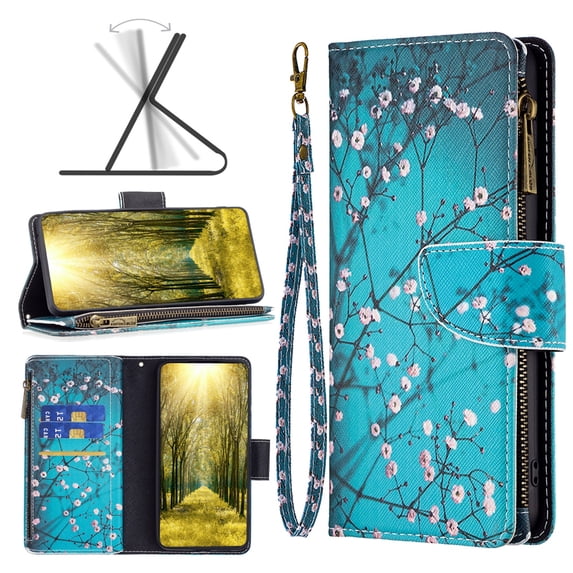 Dteck Case for iPhone 16 Pro Max, Magnetic Pattern Premium PU Leather 9 Card Slots Zipper Wallet Case Shockproof Kickstand Hybrid Rubber Flip Cover with Wrist Strap,Plum Blossom