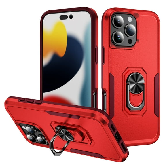 Dteck Case for iPhone 16 Pro Max,Shockproof Rubber Military Grade Drop Protection Dual Layer Case Ring Holder Kickstand Cover for iPhone 16 Pro Max,Red+Rose