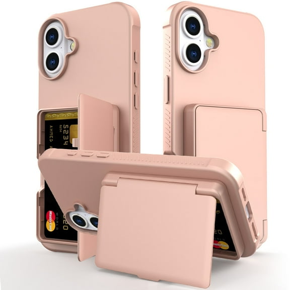 Dteck Case for iPhone 16 Shockproof Wallet Case with Card Holder (3-4 Cards) & Hidden Mirror, Military Grade Drop Protection, Rugged Protective Flip Cover for iPhone 16,Rosegold