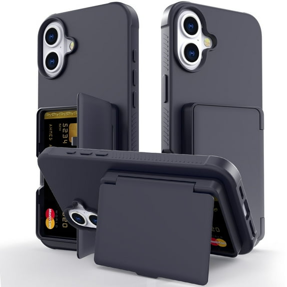 Dteck Case for iPhone 16 Shockproof Wallet Case with Card Holder (3-4 Cards) & Hidden Mirror, Military Grade Drop Protection, Rugged Protective Flip Cover for iPhone 16,Black