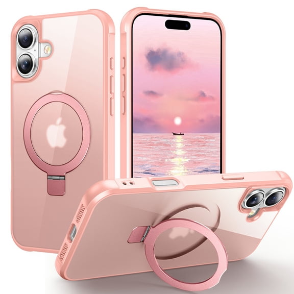 Dteck Case for iPhone 17,Magnetic Invisible Stand Compatible with MagSafe Military Grade Drop Protection Slim TPU+PC Frosted Translucent Back Shockproof Protective Cover,Pink
