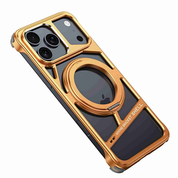 Dteck Case for iPhone 17 Pro Max Aluminum Metal Cover with Magnetic Ring 360° Rotating Kickstand Slim Frameless Corner Drop Protection Compatible with MagSafe & Adjustable Phone Stand, Orange