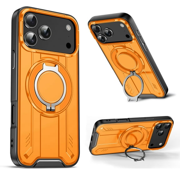 Dteck Case for iPhone 17 Pro Max with Ring Stand Holder, Built-in Rotate Kickstand Magnetic Rotate Ring Holder Heavy Duty TPU+PC Shockproof Drop Military Protect Phone Case, Orange