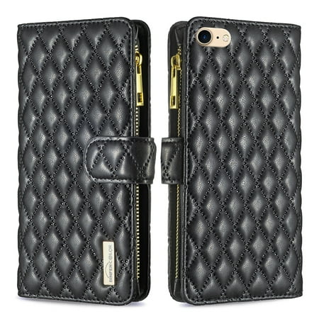 Dteck Case for iPhone 7/iPhone 8/iPhone SE 2nd 3rd Gen,Shockproof 9 Card Holder Slots Zipper Pocket Handbag Case PU Leather Magnetic Closure Kickstand with Wrist Strap TPU Flip Cover,Black