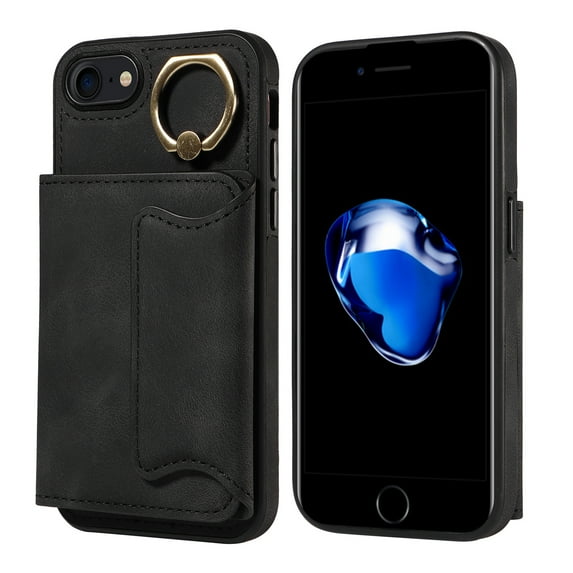 Dteck Case for iPhone 8 Plus / iPhone 7 Plus, Retro PU Leather Wallet Case with Rotating Ring Kickstand, Slim Back Protective Cover Case 5.5 Inch,Black
