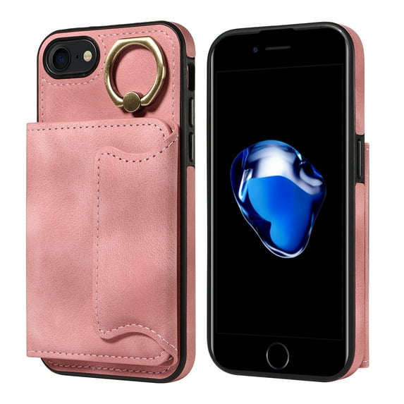 Dteck Case for iPhone 8 Plus / iPhone 7 Plus, Retro PU Leather Wallet Case with Rotating Ring Kickstand, Slim Back Protective Cover Case 5.5 Inch,Pink