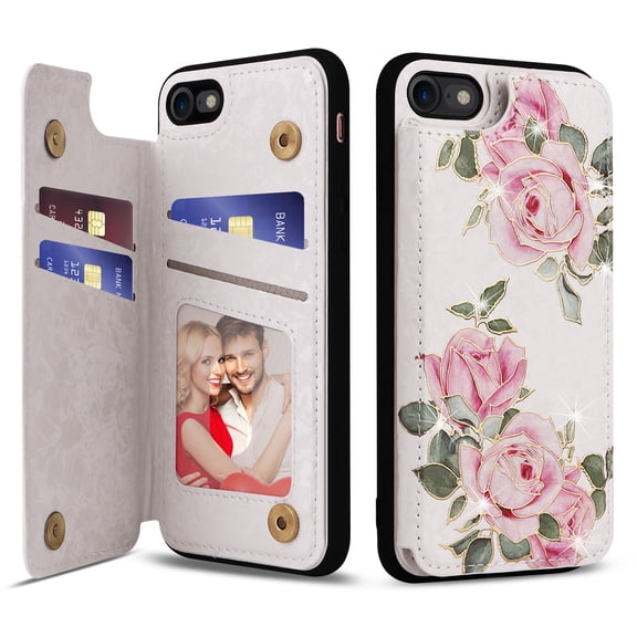 Dteck Case for iPhone SE 2022 / 2020, iPhone 8/7 Wallet Case with Card Holder, RFID Blocking PU Leather Floral Flower Pattern Flip Folio Kickstand Case with Double Magnetic Clasp 4.7",Three Roses