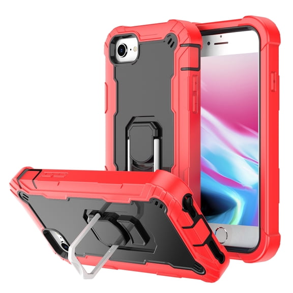 Dteck Case for iPhone SE 2022 4.7-inch,Shockproof Rugged Rubber Armor 3-Layer Protection iPhone 7/iPhone 8 Case Hybrid Hard PC Back With Ring Holder Kickstand iPhone SE 2020 Cover,Red+Black