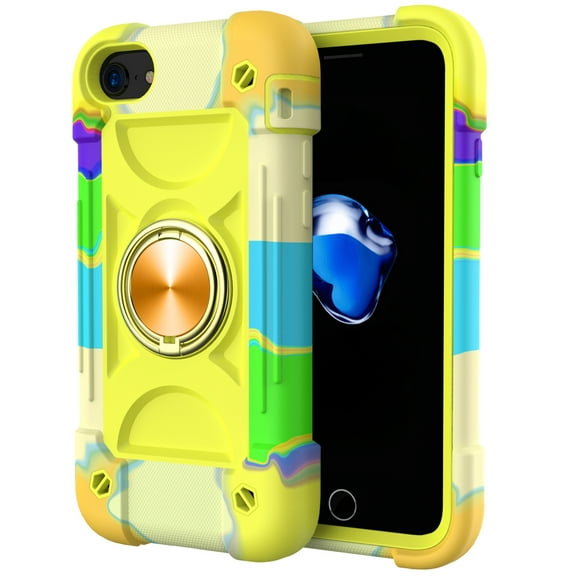 Dteck Case for iPhone SE3/SE2/7/8 4.7", Heavy-Duty Military Grade Rugged Case with Ring Stand for iPhone SE 2022 / SE 2022 / iPhone 8 / iPhone 7,Rainbow Yellow