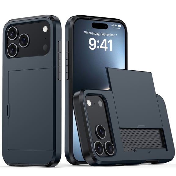 Dteck Case with Card Holder for iPhone 17 Pro Max,Shockproof TPU+PC Hidden Card Slot Wallet Case Back Cover for iPhone 17 Pro Max, Darkblue