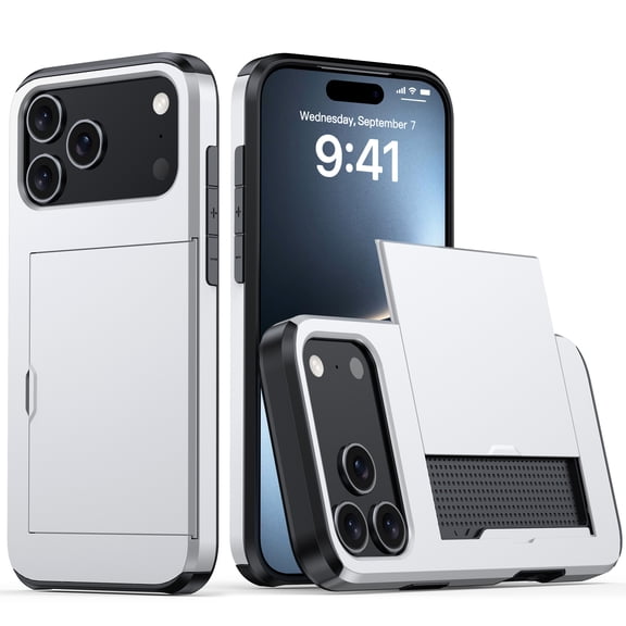 Dteck Case with Card Holder for iPhone 17 Pro Max,Shockproof TPU+PC Hidden Card Slot Wallet Case Back Cover for iPhone 17 Pro Max, Silver