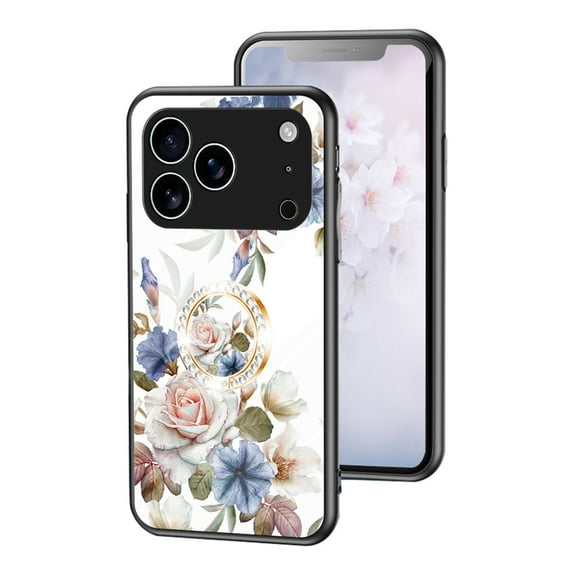 Dteck Case with Diamond Ring Holder for iPhone 17 Pro Max,Shockproof TPU Bumper Tempered Glass Back Flower Pattern Slim Cover , White