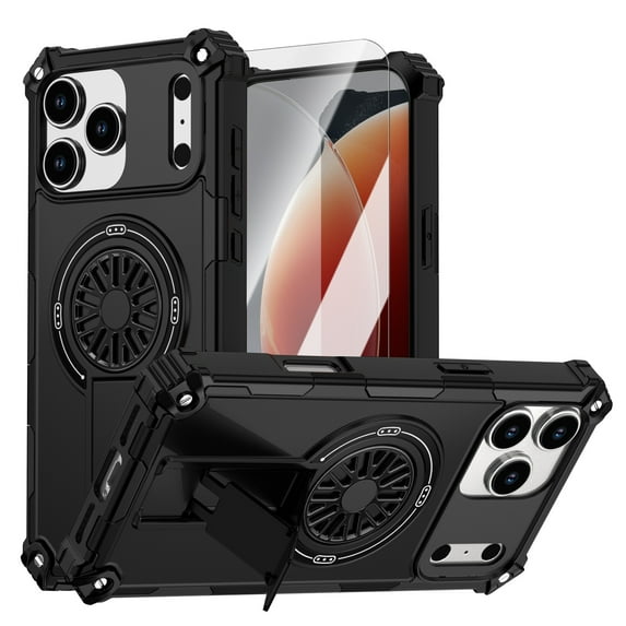 Dteck Case with Screen Protector for iPhone 17 Pro,Shockproof Rubber+PC Rugged Case Compatible with Mag Safe Ring Stand Cover for iPhone 17 Pro,Black