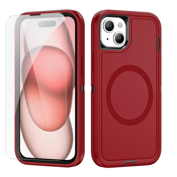 Dteck Case with Tempered Glass Screen Protector for iPhone 15,Shockproof Rubber Case Compatible with MagSafe Hybrid PC Full Body Protection Cover,Red