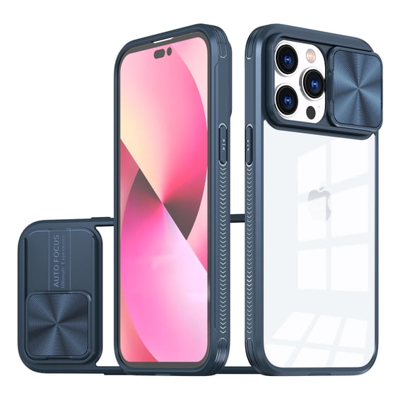 Dteck Clear Back Case for iPhone 16 Pro with Sliding Window Protection, Shockproof Anti-Yellow Hard Rugged Soft Frame Protective Cover, Navyblue