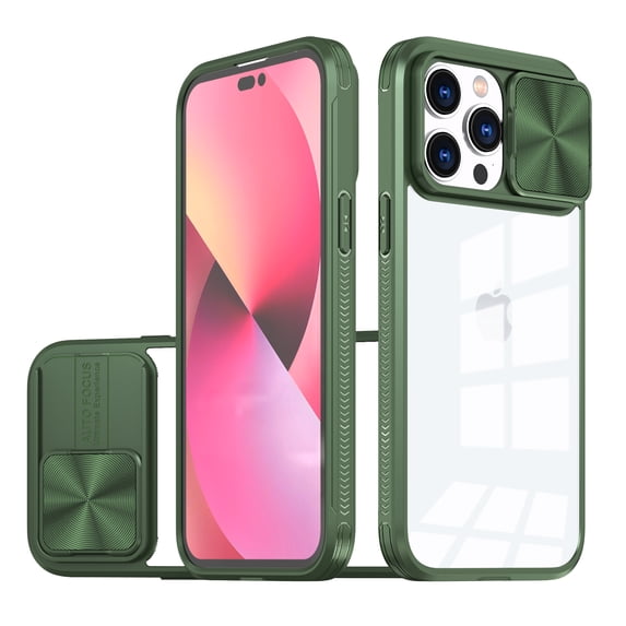 Dteck Clear Back Case for iPhone 16 Pro with Sliding Window Protection, Shockproof Anti-Yellow Hard Rugged Soft Frame Protective Cover, Olive