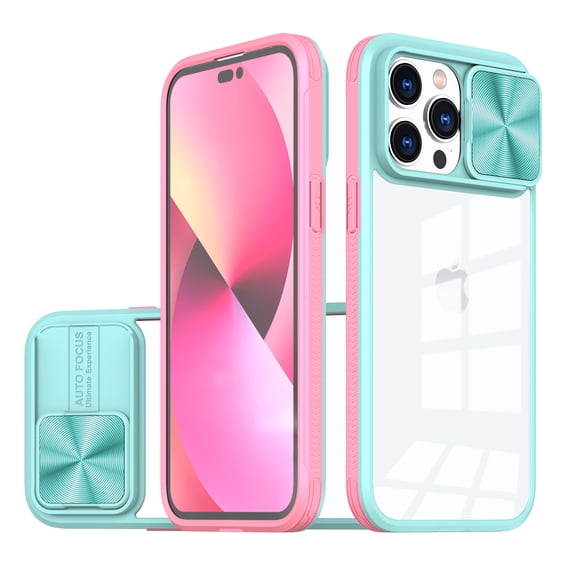 Dteck Clear Back Case for iPhone 16 Pro with Sliding Window Protection, Shockproof Anti-Yellow Hard Rugged Soft Frame Protective Cover, Skyblue