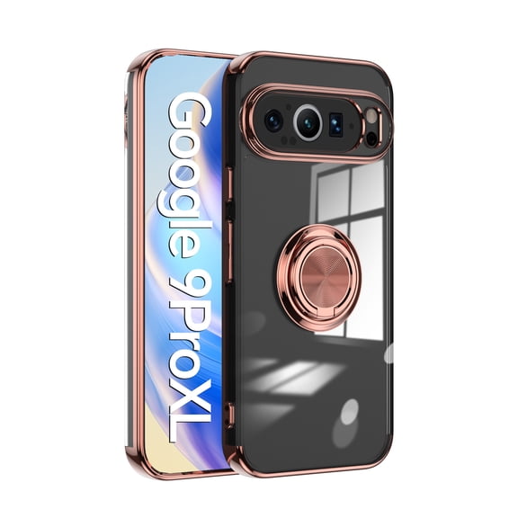 Dteck Clear Case for Google Pixel 9 Pro XL,Shockproof Plating TPU Ring Holder Kickstand Magnetic Case Slim Transparent Back Cover for Google Pixel 9 Pro XL,Rosegold