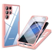 Dteck Clear Case for Samsung Galaxy S22 Ultra 5G, With Soft PET Screen Protector Full Body Protection Hard PC Back Shell+Soft TPU Bumper Shockproof Rugged Cover, Pink
