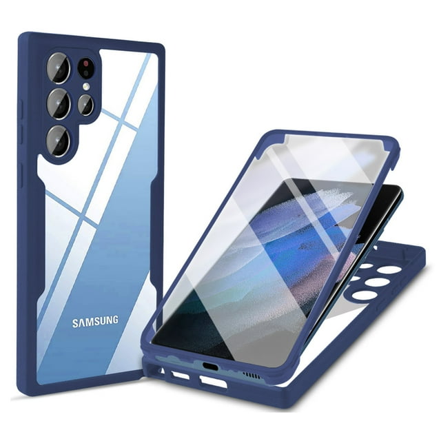 Dteck Clear Case for Samsung Galaxy S22 Ultra 5G, With Soft PET Screen Protector Full Body Protection Hard PC Back Shell+Soft TPU Bumper Shockproof Rugged Cover, Blue