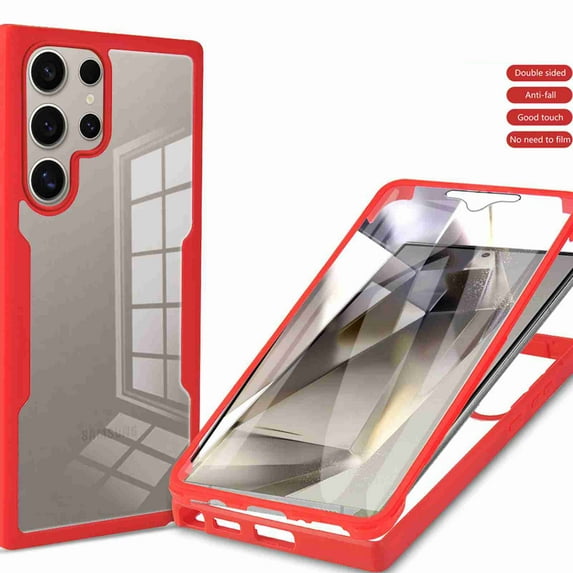 Dteck Clear Case for Samsung Galaxy S25 Ultra, With Soft PET Screen Protector Full Body Protection Hard PC Back Shell+Soft TPU Bumper Shockproof Rugged Cover, Red