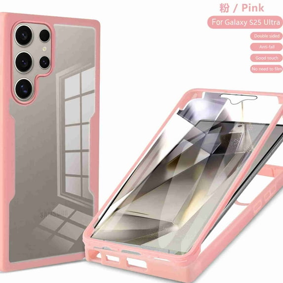 Dteck Clear Case for Samsung Galaxy S25 Ultra, With Soft PET Screen Protector Full Body Protection Hard PC Back Shell+Soft TPU Bumper Shockproof Rugged Cover, Pink