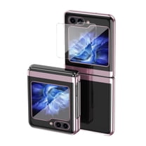 Dteck Clear Case for Samsung Galaxy Z Flip 5, Z Flip 5G Case with Front Glass Screen Protector, Slim Plating Bumper Shockproof Hard PC Protective Phone Cover for Samsung Galaxy Z Flip 5,Rosegold
