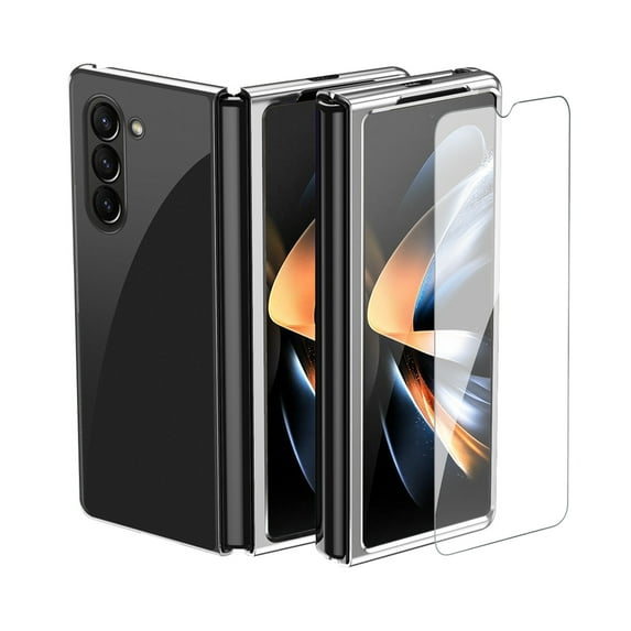 Dteck Clear Case for Samsung Galaxy Z Fold 5, Z Fold5 5G Case with Front Glass Screen Protector, Slim Plating Bumper Shockproof Hard PC Protective Phone Cover for Samsung Galaxy Z Fold5,Silver