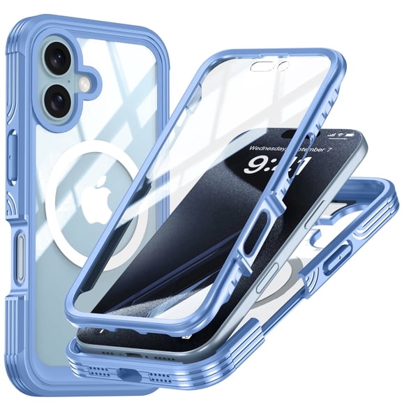 Dteck Clear Hard Shell Case for iPhone 16 Plus, with Built in Screen Protector, Compatible with Magsafe Accessory, Metal Frame Bumper Screen Sensitivity Full Body Protection Double Sided Cover, Blue