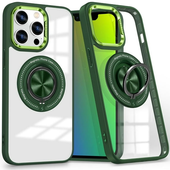 Dteck Clear Magnetic Case for iPhone 11 Pro Max,Shockproof TPU 360°Rotatable Ring Stand Case Compatible with MagSafe Transparent PC Back Cover for iPhone 11 Pro Max,Green